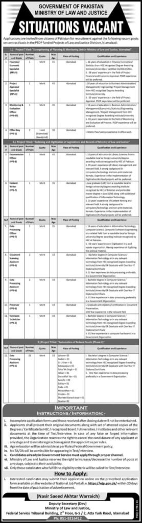 MOLAW Ministry of Law and Justice Islamabad Job Opportunities 2024