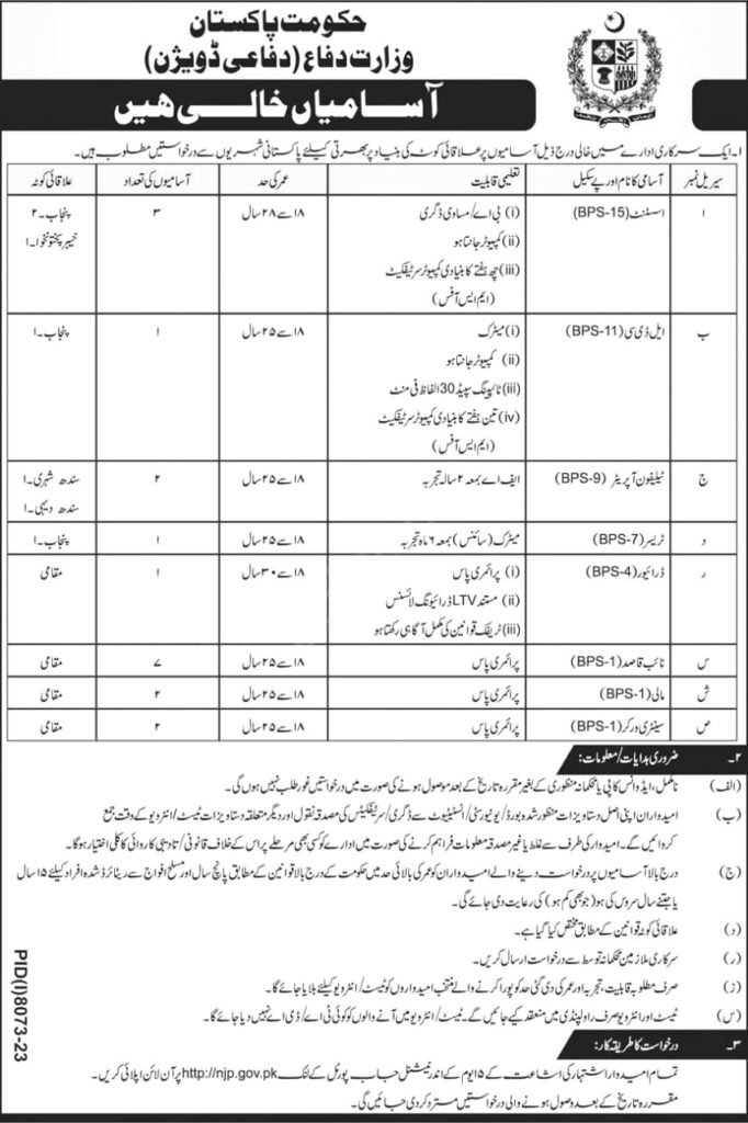 Ministry of Defense Islamabad Latest Jobs 2024